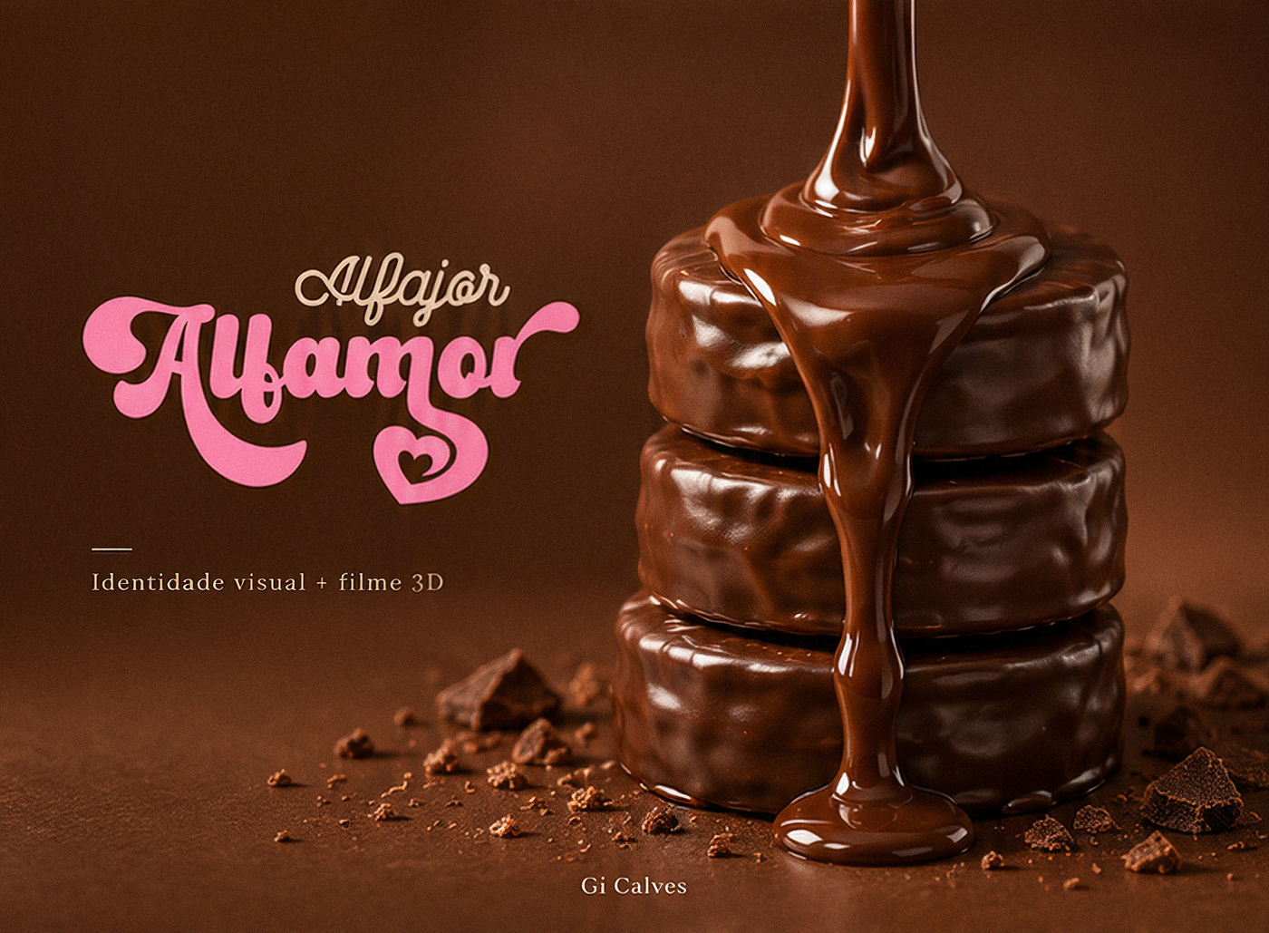 Composição conceitual de alfajores recebendo chocolate, com a assinatura Alfamor