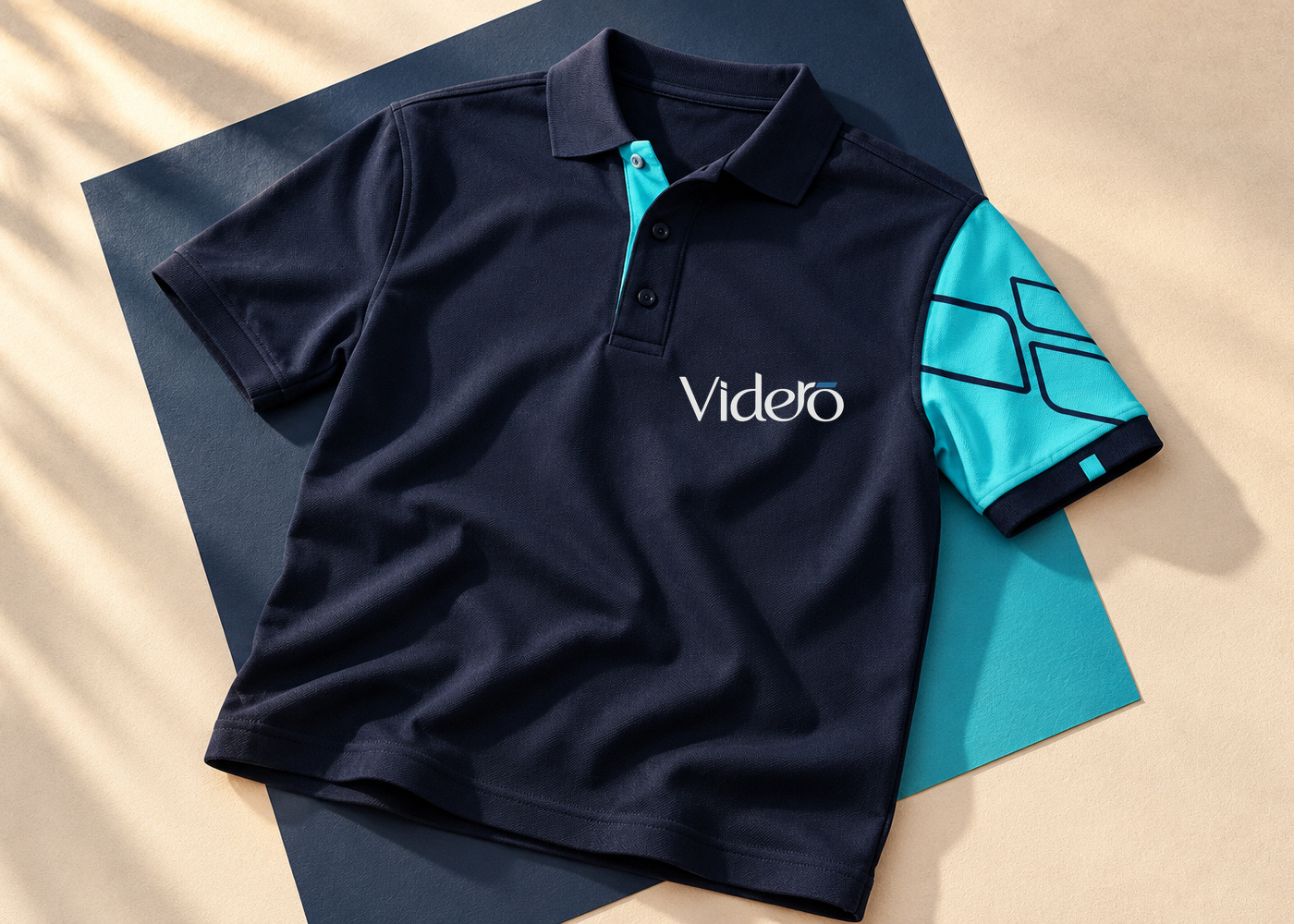 Mockup conceitual de uniforme polo Videro em composição flat lay